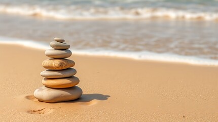Serene beach stones stacked perfectly by gentle ocean waves, creating a tranquil scene of balance and calm