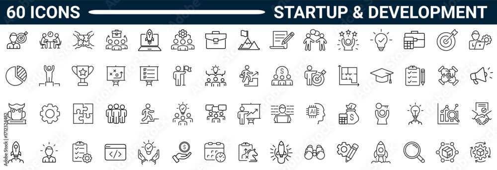 Poster set of 60 outline icons related to startup, development. linear icon collection. editable stroke. ve