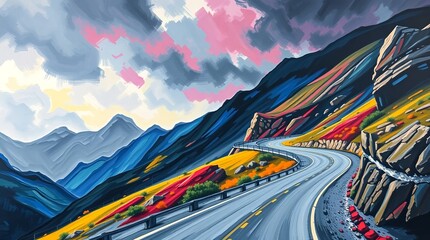 Vibrant mountain road winds through colorful alpine landscape under dramatic expressive sky