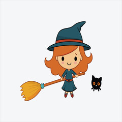 Cute cartoon witch with orange hair wearing a blue dress and hat holding a broomstick with a black cat nearby on a white background for halloween