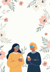 Naklejka premium Two women wearing virtual reality headsets communicating with each other.