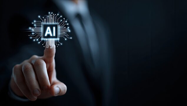 Businessperson touching a holographic AI circuit