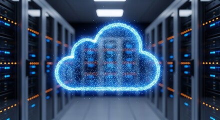 Abstract glowing blue cloud icon in a server room with glowing lights, representing cloud computing and data storage technology