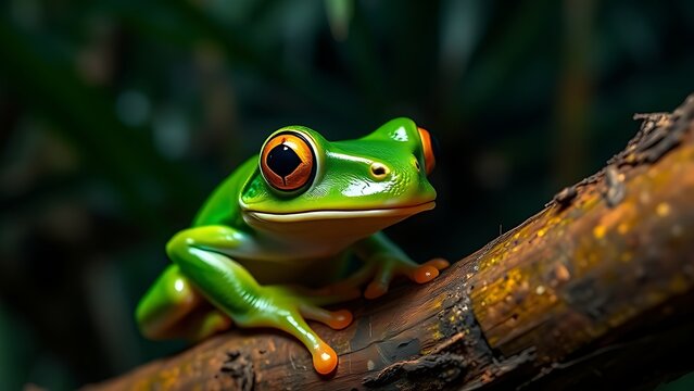 A vibrant green tree frog in its natural tropical forest habitat.