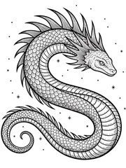 Obraz premium Intricate Black and White Illustration of a Mythical Serpent with Detailed Scales and Spikes
