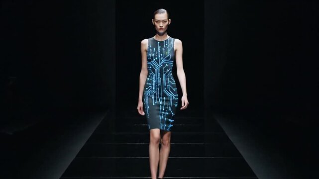 Circuitry Chic Futuristic Dress with Microchip Design on Runway