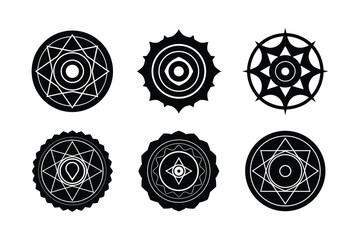 chakra disc bundle set linocut style silhouette vector illustration on white background