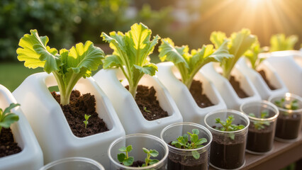 Growing plants in containers, showcasing fresh greens and seedlings, symbolizes sustainability and gardening joy