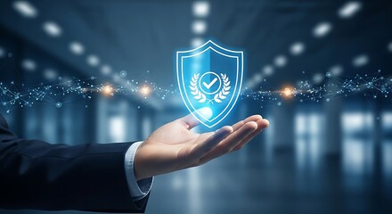 A hand in a suit jacket holds a glowing blue shield icon with a checkmark and laurel wreath, symbolizing security and achievement against a blurred background