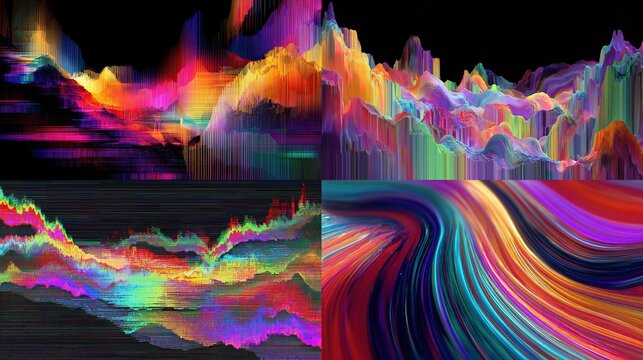 Colorful digital mountains & flowing streams with glitch art in abstract patterns - Powered by Adobe