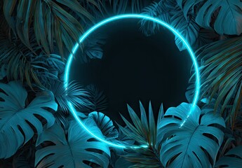 Neon circle frame with tropical leaves background, vibrant design.