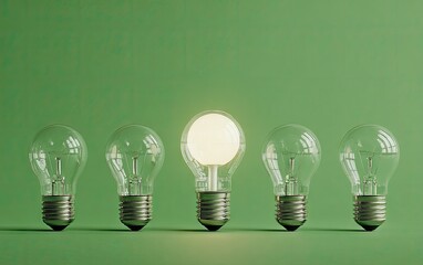 Illuminated Lightbulb Among Others on Green Background.