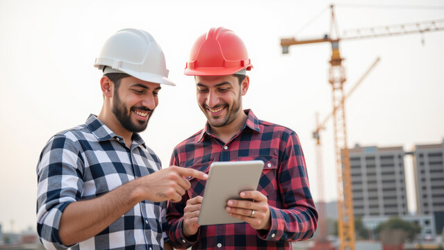 Construction workers using tablet on building site, wearing safety helmets, smiling and discussing plans - Powered by Adobe