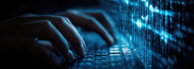 Hands typing on a keyboard with digital code overlay.
