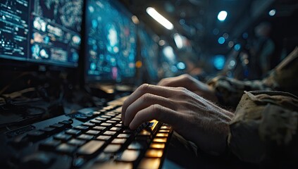 Hands typing on keyboard in front of computer screens.