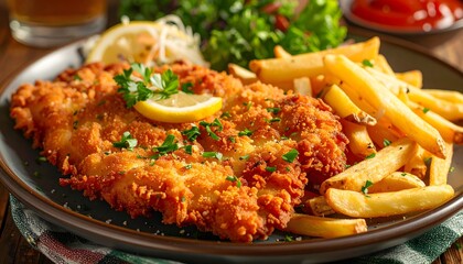 Crispy Indulgence: A Chef's Luxurious Classic Schnitzel with Golden Fries and Lemon