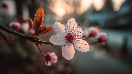 Dewdrops adorn a pink cherry blossom in soft morning light, symbolizing spring. Perfect for marketing, editorial use, or web design.