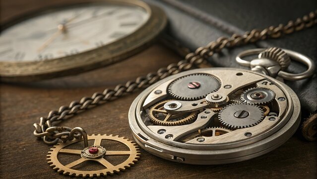 A close up shot of a disassembled pocket watch with gears and chains on a wooden surface