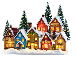 Fototapeta premium Snowy Christmas Village with Colorful Houses and Pine Trees, Festive Winter Scene, isolated on transparent background PNG