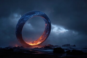 A massive ring structure, glowing orange-red inside, sits on a dark beach at night, amidst stormy clouds