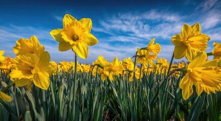 Blooming daffodils under a vibrant sky