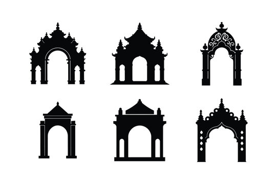torana gate bundle set linocut style silhouette vector illustration on white background