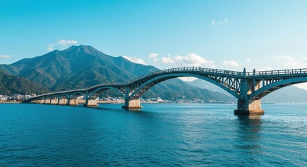 Obraz premium Arched Bridge over a Serene Lake: A gracefully arched bridge gracefully spans across the tranquil expanse of a vast lake. Towering mountains provide a majestic backdrop.