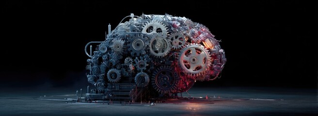 A mechanical brain, gears and cogs, complex design