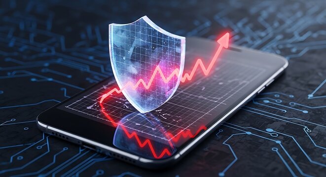 Digital shield with red arrow graph on smartphone screen representing cybersecurity and financial growth