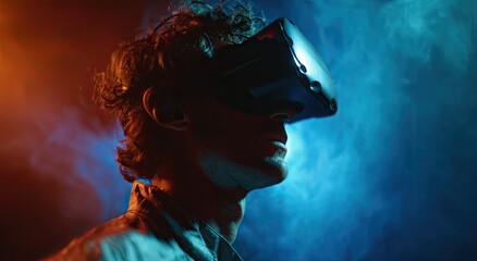 Man wearing VR headset in a colorful, smoky environment.