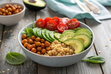 A vibrant vegetarian Buddha bowl with quinoa, roasted chickpeas, avocado slices, cherry tomatoes, cucumbers,
