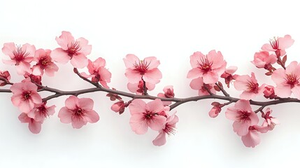 Fototapeta premium Delicate pink cherry blossoms blooming on brown branch against white background, spring flowering sakura branch in horizontal composition, isolated botanical element.