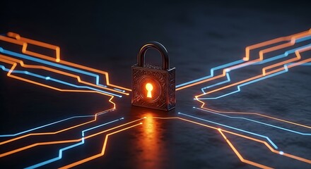 Glowing padlock on a dark background with illuminated circuit lines symbolizing digital security and data protection