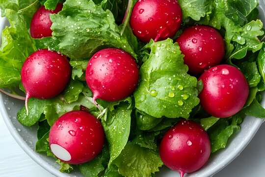 Fresh red radishes with water drops on crisp green lettuce leaves in white bowl, macro food photography showing vibrant colors and natural textures.