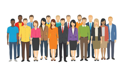 Flat Design Diverse People Illustration – Multicultural Group Standing in Row on White Background