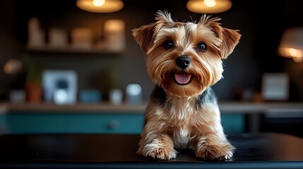 Yorkshire terrier puppy with adorable expression lying on dark table against blurred warm interior background, looking at camera with happy smile.