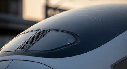 Close up of the front of a high speed train with windows and ventilation slats visible