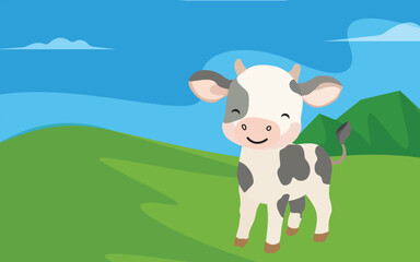 Cheerful calf standing in a green field under a blue sky. Playful farm animal illustration perfect for children’s books, educational materials, dairy product packaging, and kid-friendly designs.