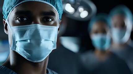 African American medical professional wearing surgical mask and cap in operating room with team members and surgical lights in background.