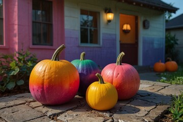 Halloween pumpkins against a house at night