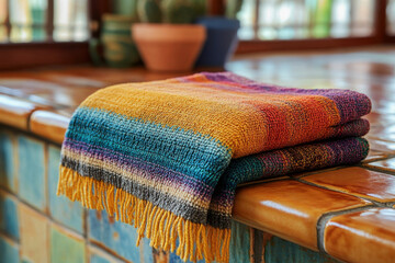 Colorful blanket on wooden bench.