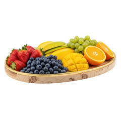 Assortment of fresh healthy fruit on a wooden platter on transparent background
