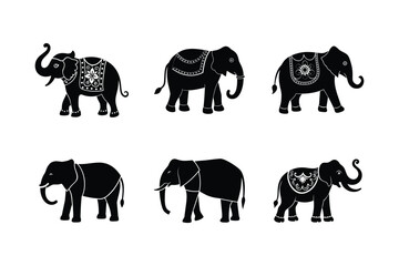 elephant caparison bundle set linocut style silhouette vector illustration on white background