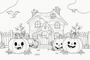 Halloween pumpkins against a house at night