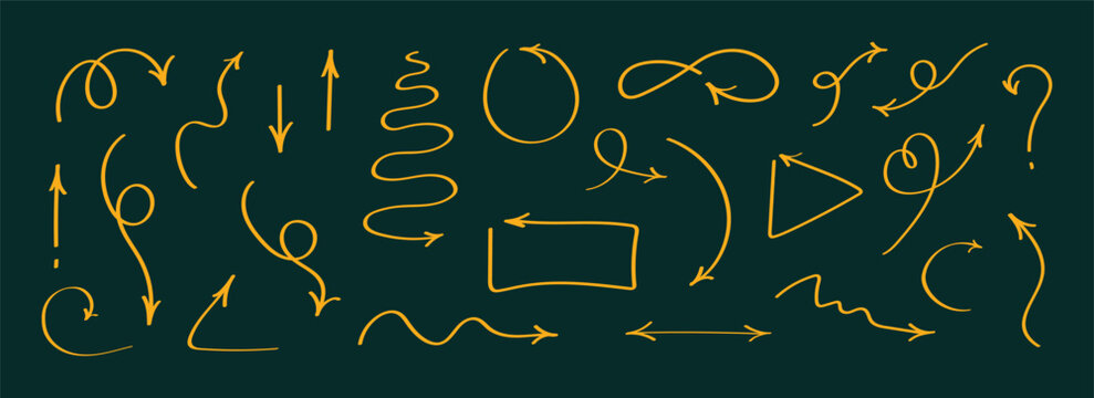 Arrow doodles and hand drawn sketch elements, swirl and curve lines, direction icons and highlight arrows set