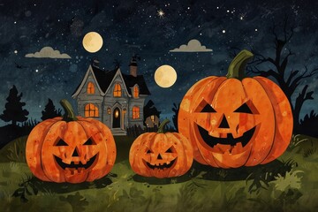 Halloween pumpkins against a house at night