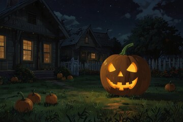 Halloween pumpkins against a house at night