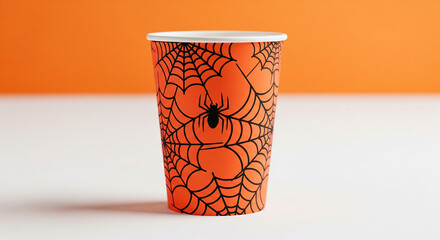 Halloween paper cup with spider web pattern on neutral background