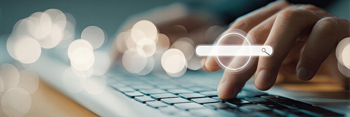 Hand typing on a laptop keyboard with a search bar icon for online browsing and data research.