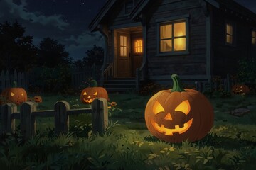 Halloween pumpkins against a house at night